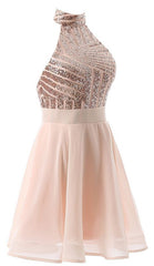 Beautiful Short Pink Sequins Knee Length Homecoming Dresses, Halter Teen Party Dress, Sequins Party Dress