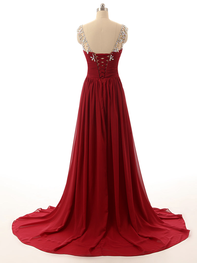 Wine Red Chiffon Beaded Long Handmade Prom Dress, Elegant Party Dress, Pretty Formal Dress