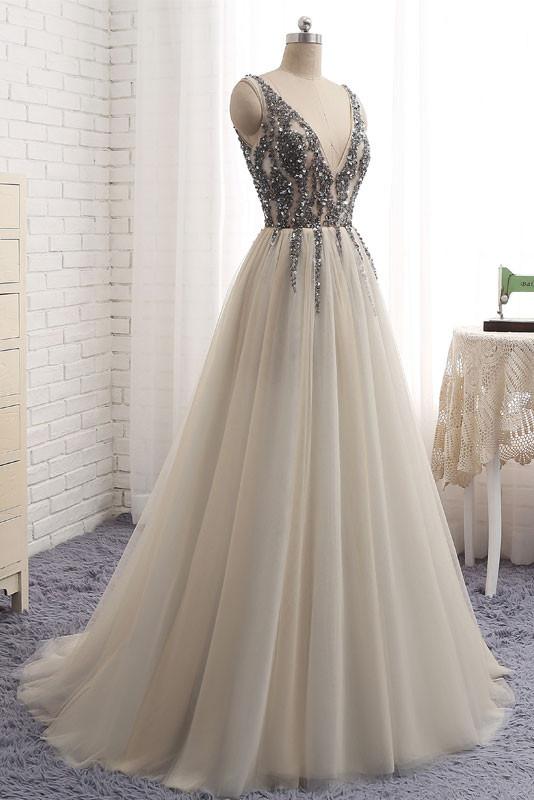 Grey Beaded Tulle V-neckline Prom Dresses, Grey Formal Gowns, Party Dresses