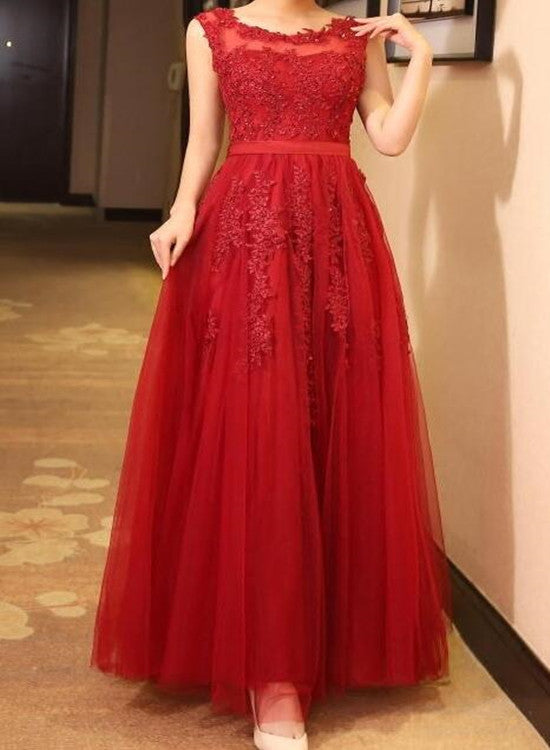 Red Tulle Round Neckline Lace Applique Long Formal Dress, Red Evening Gowns