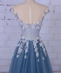 Charming Blue Floral Tulle Prom Dresses, Blue Formal Gowns, Tulle Evening Dresses