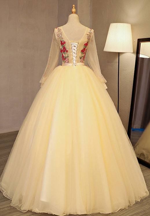 gold quinceanera dress with sleeves ZAPAKA Women Corset Quinceanera Dress with 3D Flowers Champagne Long Sleeve Ball Gown Appliqued Off The Shoulder Sweet 16 Dress, Champagne / US4