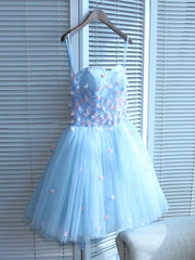 Light Blue Sweetheart Short Handmade Party Dress, Blue Flowers Homecoming Dress