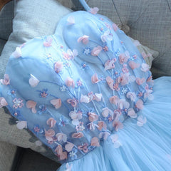 Light Blue Sweetheart Short Handmade Party Dress, Blue Flowers Homecoming Dress