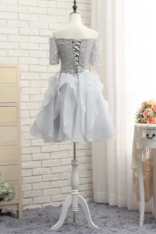 Grey Lace and Organza Homecoming Dresses, Lovely Homecoming Dresses , Short Prom Dress