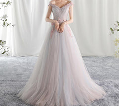 Beautiful Light Pink Tulle Party Gown, Off Shoulder Evening Dress