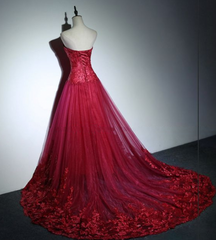 Wine Red Sweetheart Prom Dress , A-line Tulle with Lace Applique Prom Gown