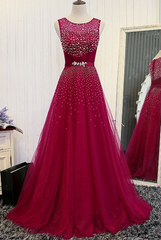 Charming Wine Red Beaded Sparkle Long Party Dress, A-line Tulle Prom Dress