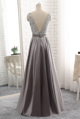Sparkle Beaded Top with Grey Satin Skirt Long Party Dresses, Grey Prom Dress , Formal Dresses