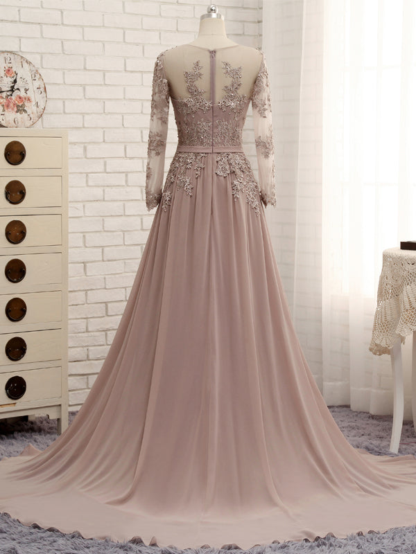 Elegant Prom Dresses, Long Sleeves Handmade Chiffon Bridesmaid Dresses, Lace Party Dresses