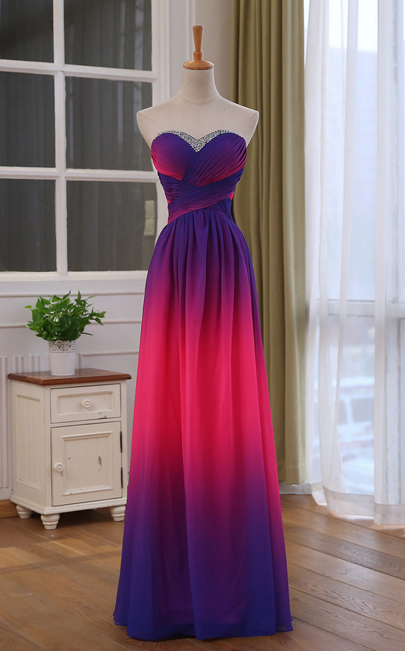 Beautiful Gradient Sweetheart Beaded Long Party Dress, A-line Prom Dress