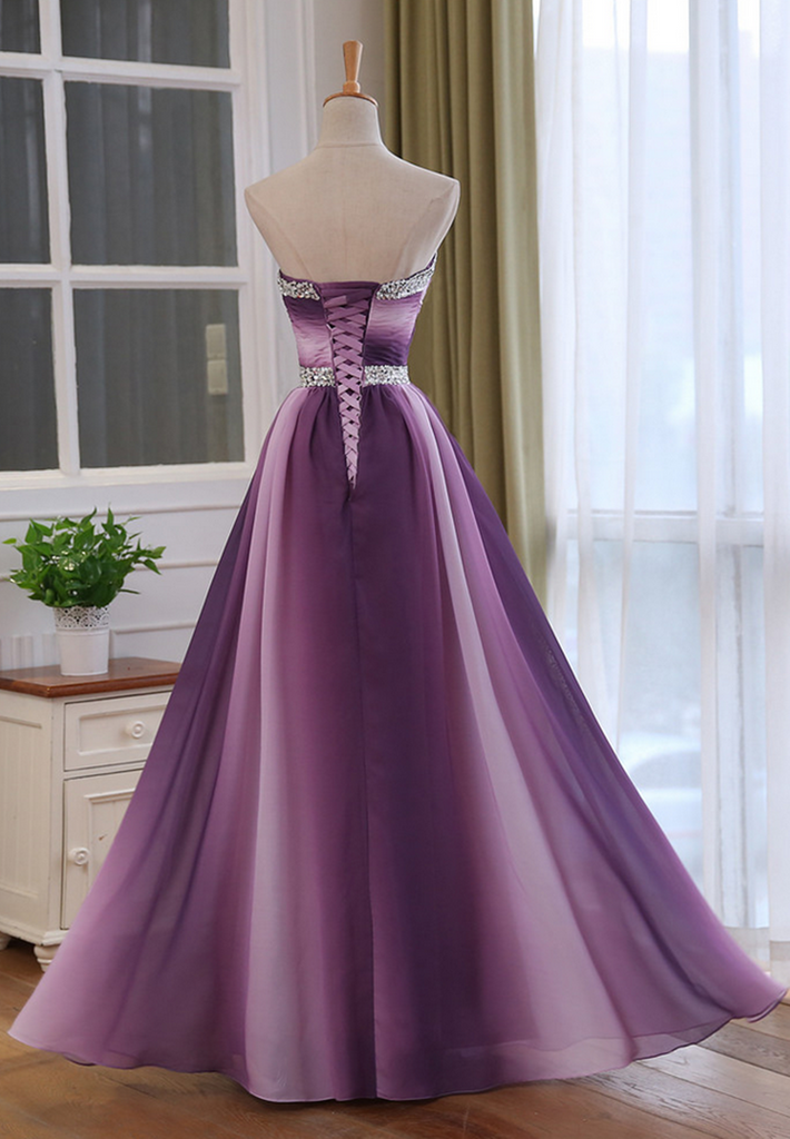 Chiffon Sweetheart Gradient Beaded Long Party Dress, A-line Chiffon Pr