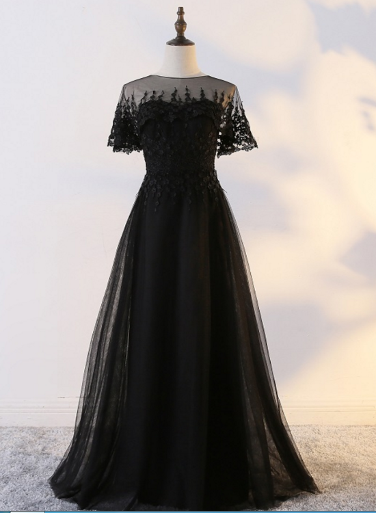 Black Tulle Long Party Dress with Lace Applique, Black Formal Gown