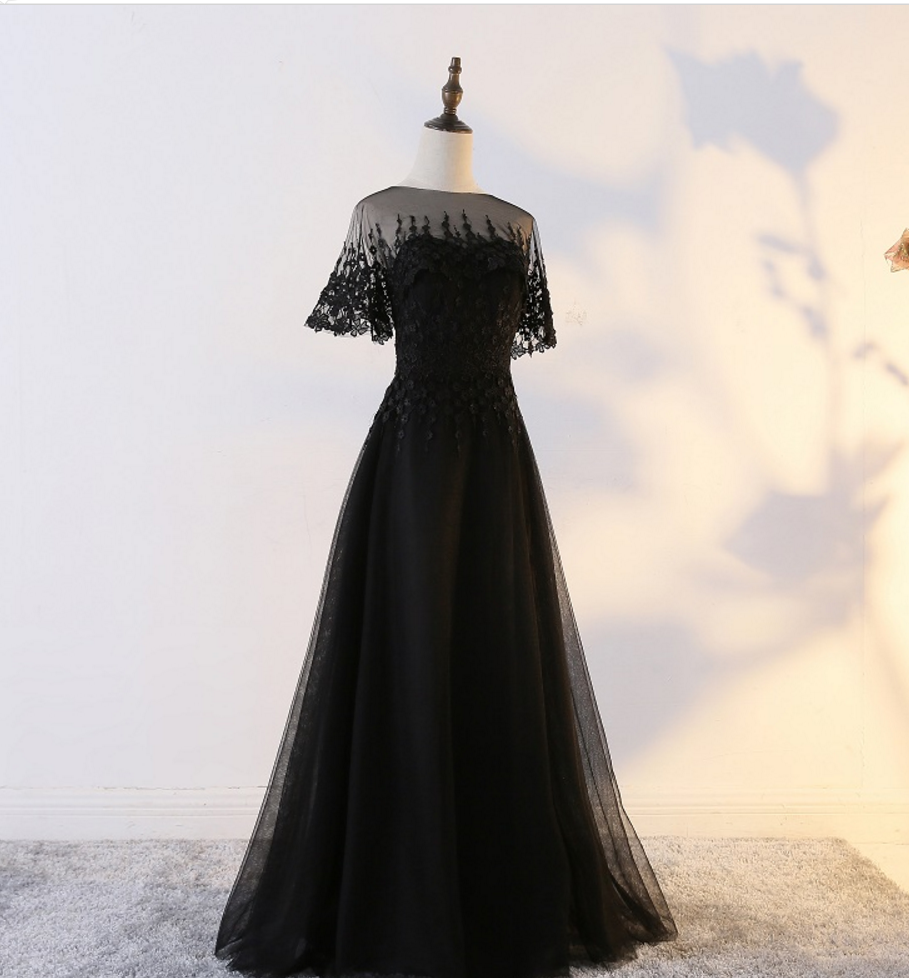 Black Tulle Long Party Dress with Lace Applique, Black Formal Gown