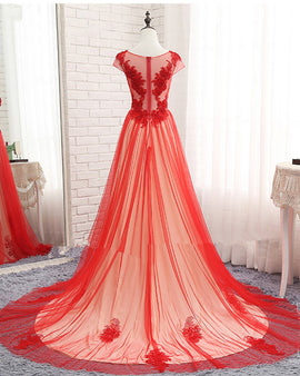 Beautiful Red Tulle Long Cap Sleeves Evening Gown, Long Red Prom Dress