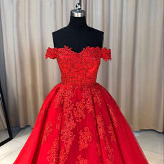 Gorgeous Red Tulle and Applique Off Shoulder Prom Dresses , Red Sweet 16 Gowns, Party Dresses