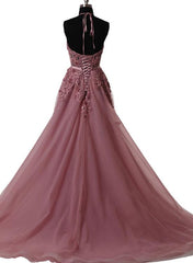 Prom Dresses , Tulle Halter Floor Length Party Dresses, Formal Gowns