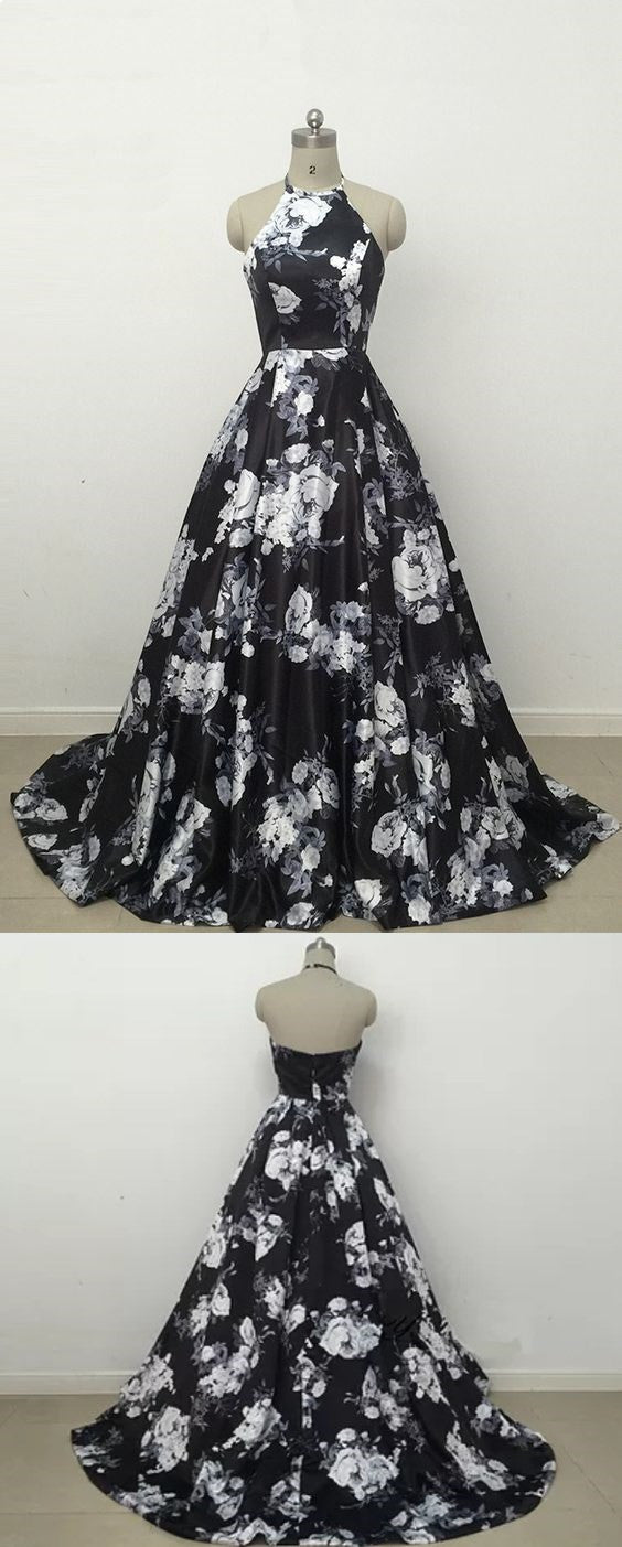 Charming Black Floral Satin Halter Long Formal Dress, Junior Prom Dress Charming Black Floral Satin Halter Long Formal Dress, Junior Prom Dress