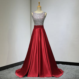 Red Sequins Beaded Backless Long Formal Dress, Red Party Dress