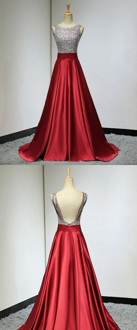 Red Sequins Beaded Backless Long Formal Dress, Red Party Dress