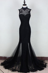 Charming Black Slit Mermaid Tulle and Lace Evening Gown, Black Formal Dresses