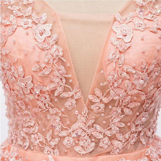 Pearl Pink Tulle V-neckline Formal Gowns, Elegant Party Dress , Lace-up Formal Dresses