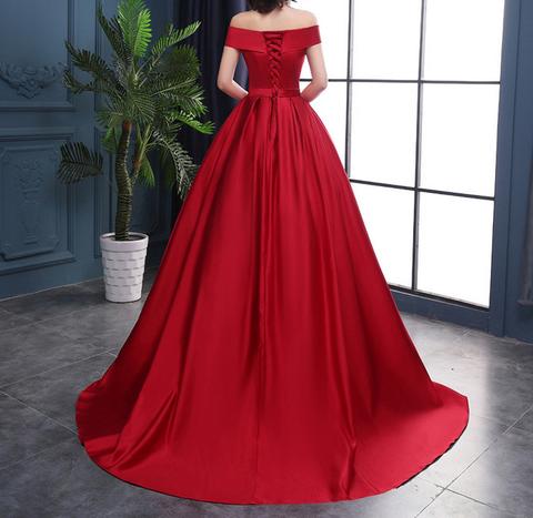 Red Satin Gorgeous Off Shoulder Long Formal Gown, Beautiful Party Dresses