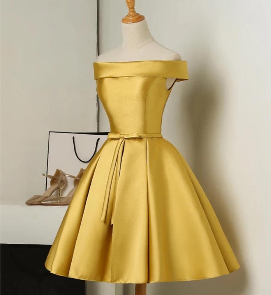Custom Gold Satin Off Shoulder Short Formal Dress , Lovely Formal Dresses