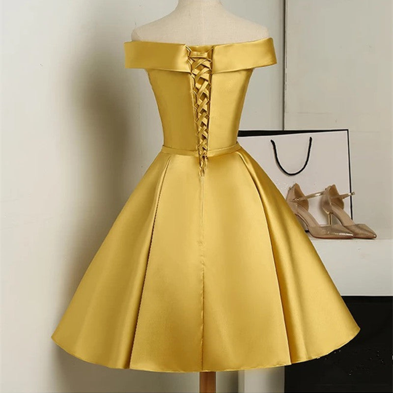 Gold Satin Off Shoulder Short Formal Dress , Lovely Formal Dresses Cutedressy Gold Satin Off Shoulder Short Formal Dress , Lovely Formal Dresses Cutedressy