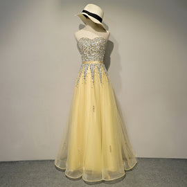 Light Yellow Sweetheart Sequins Tulle Long Prom Dress, New Party Dress