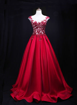 Gorgeous Dark Red Satin Long Cap Sleeves Formal Dress, Prom Dress 2020