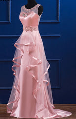 Pink Satin and Tulle Layers Long Party Dress with Lace Applique, Pink Formal Dress