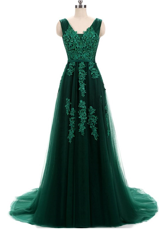 Green Tulle V-neckline Long Applique Party Gowns, Dark Green Prom Dress, Formal Dress