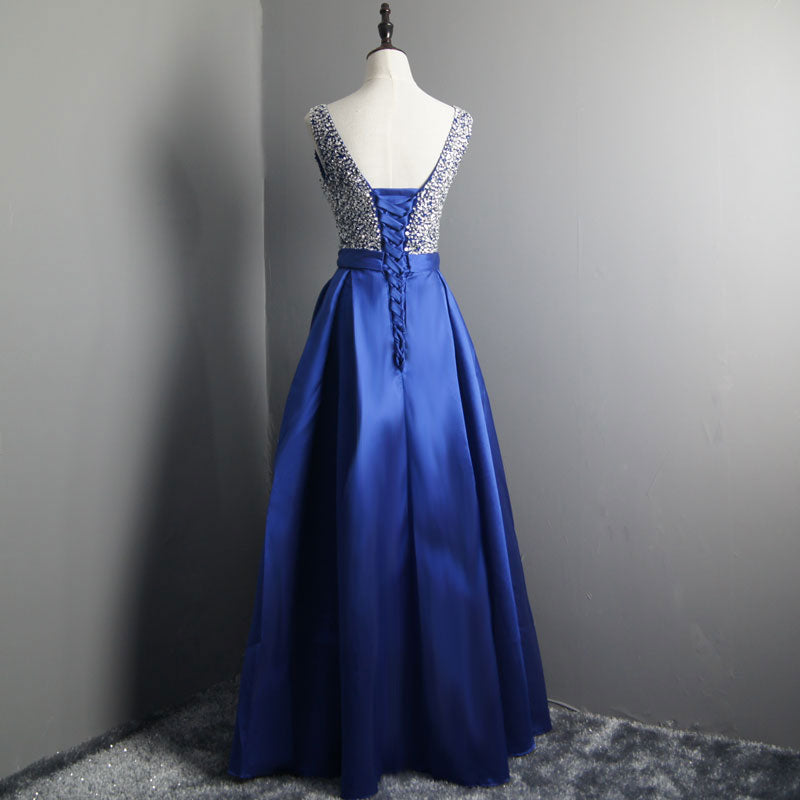 Beautiful Blue Satin Prom Dress V Neck Beaded Long Prom Dress, Party D ...