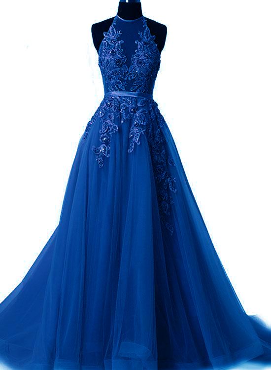 Royal Blue Halter Tulle Party Dress, Pretty Handmade Blue Prom Dress