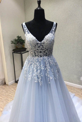 Beautiful Blue Tulle Long Party Dress, Blue Formal Gown