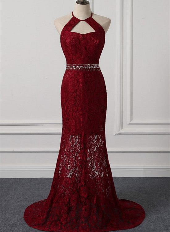 Beautiful Dark Red Lace Halter Beaded Evening Dress, Mermaid Prom Dress