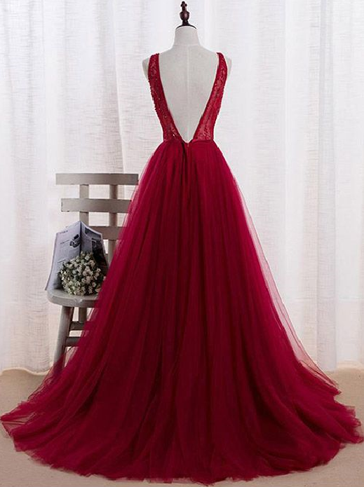 Wine Red Tulle V-neckline Floor Length Formal Gowns, Tulle Party Dress, Formal Gowns