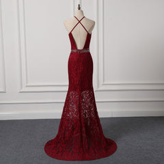 Beautiful Dark Red Lace Halter Beaded Evening Dress, Mermaid Prom Dress