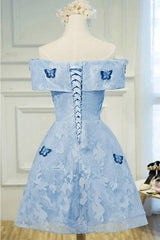 Light Blue Lace with Butterflies Short Homecoming Dress, Blue Prom Dress