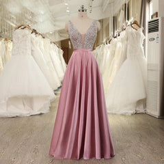 Pink Satin with Beaded V-neckline Long Party Dress, Gorgeous Formal Gowns