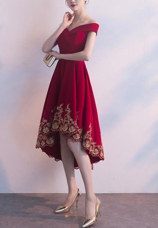Wine Red High Low Party Dress with Gold Applique, Stylish Formal Dress, Cute Party Dress