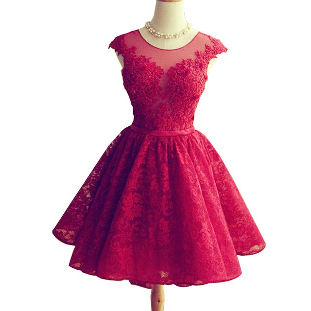 Wine Red Lace Knee Length Round Neckline Party Dress, Cute Homecoming Dresses
