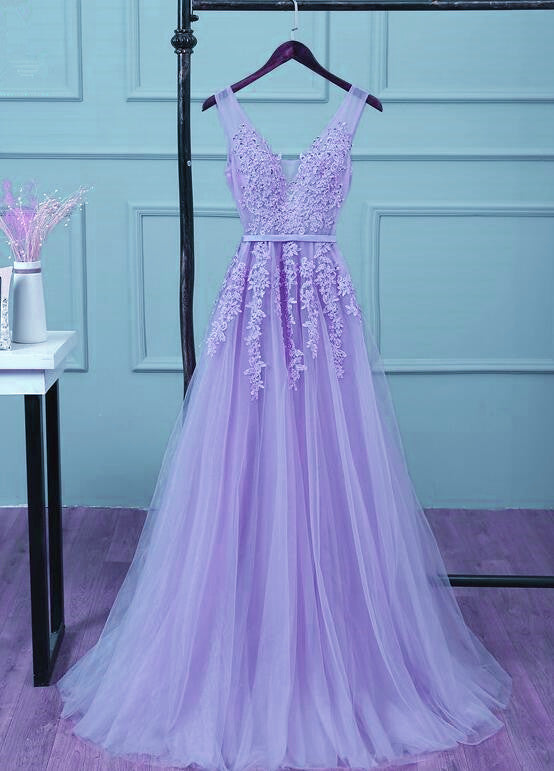 Beautiful Light Purple Tulle Long Party Gown, A-line V-neckline Prom Dress