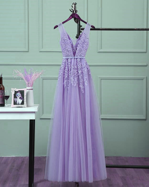 Beautiful Light Purple Tulle Long Party Gown A Line V Neckline Prom D Cutedressy 