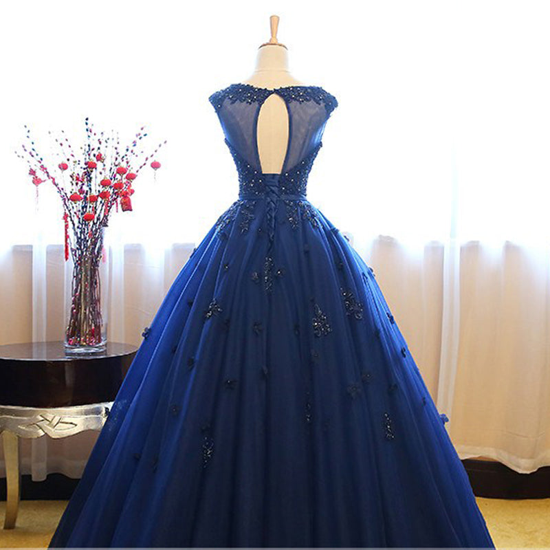 Navy Blue Tulle Cap Sleeves Quinceanera Dresses, Blue Beaded Ball Gown – Cutedressy