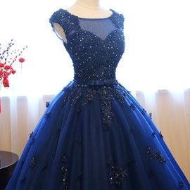 Navy Blue Tulle Cap Sleeves Quinceanera Dresses, Blue Beaded Ball Gown Party Dress