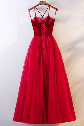 Beautiful Velvet Straps and Tulle Long Formal Dress, Red Party Gown