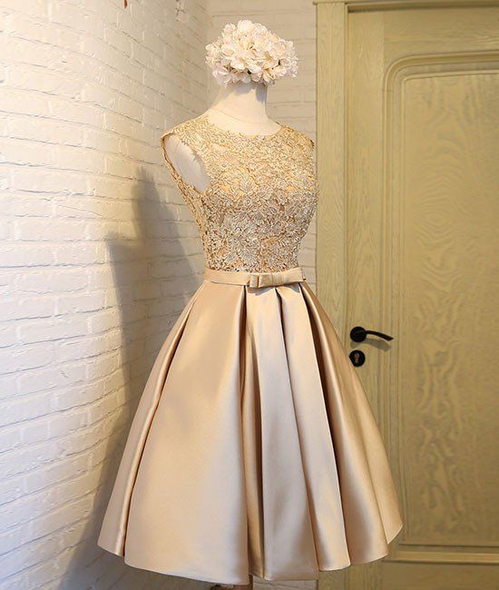 Lovely Satin Gold with Lace Knee Length Prom Dress, Short Party Dress