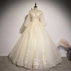 Beautiful Ivory Tulle Long Sleeves Floral Sweet 16 Gown, Party Gowns